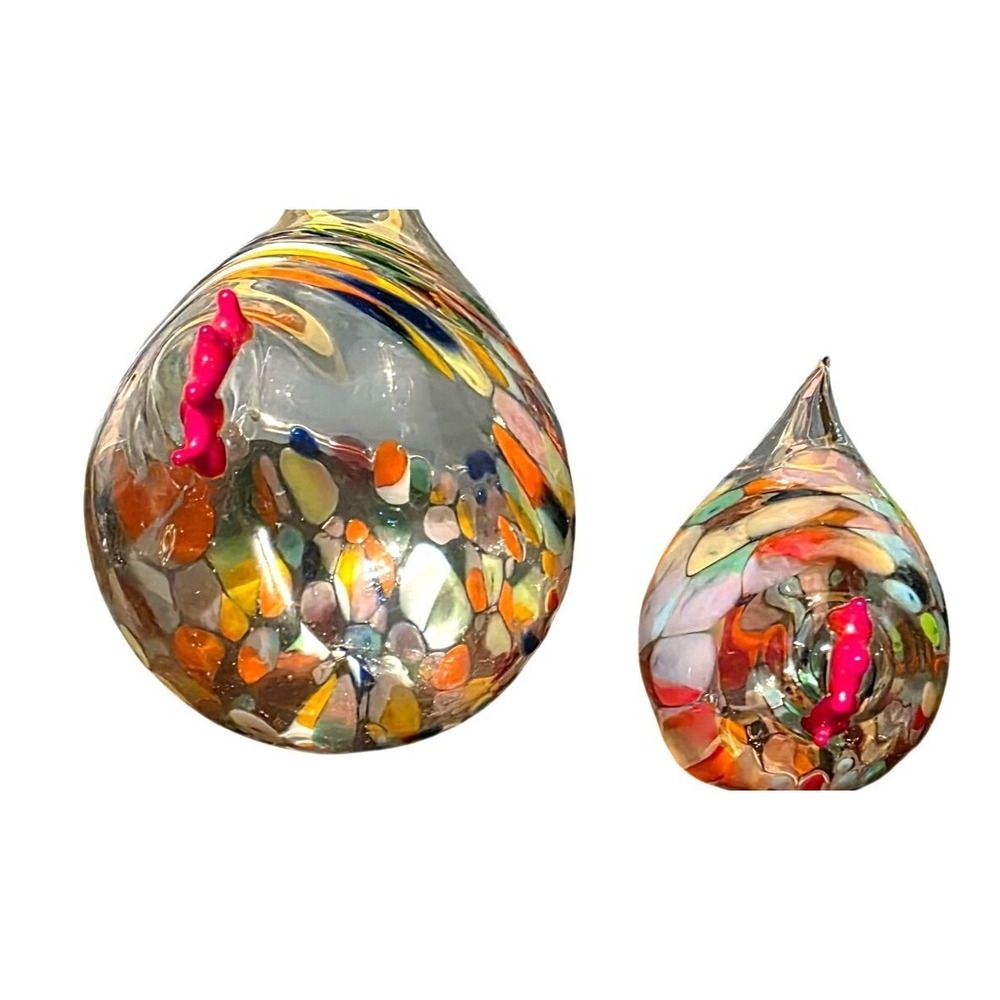 2 Vintage Figurines Glass Hand Blown Chicken Signed County Core Multicolor Dots
